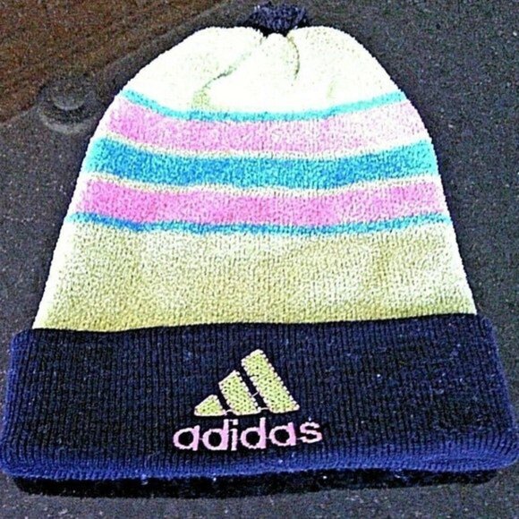 Adidas Hat Winter Beanie Cap Striped Toque Pom Pom Unisex Cold Weather Warm Ears - Picture 14 of 16
